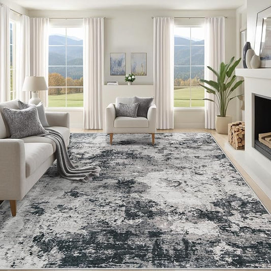 8x10 Area Rugs for Living Room, Washable Modern Abstract Large Area Rug Neutral Soft Non Slip Kids Rug Stain Resistant Indoor Carpet for Bedroom Nursery Dining Room Playroom(Black, 8'x10')