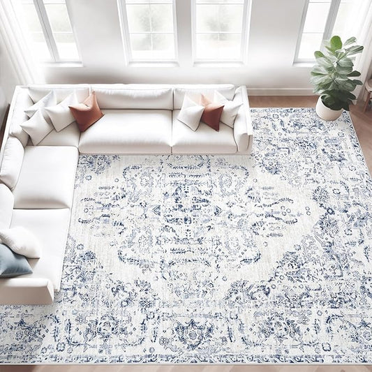 8x10 Area Rugs for Living Room: Washable Rug Vintage Large Rugs Soft Non Slip Low Pile Rug Floral Distressed Floor Carpet for Bedroom Kitchen Nursery Dining Room Home Office (Blue, 8'x10')