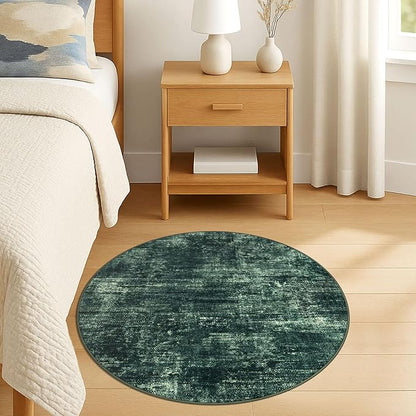 IOHOUZE Round Area Rug 3 Ft Circle Entryway Rugs Round Washable Door Mat Indoor Entrance, Non Slip Circle Front Door Rug, Printed Abstract Faux Wool Floor Carpet for Foyer Porch Sink, Dark Green