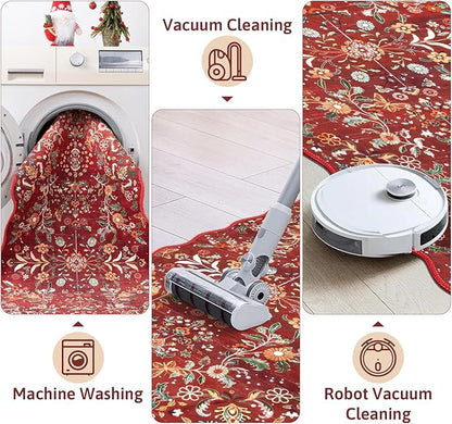 Yamaziot Christmas Runner Rug 2x8 – Red Floral Washable Non-Slip Carpet Runner Christmas Holiday Decor, Soft Low Pile Christmas Rug for Hallway, Kitchen, Entryway