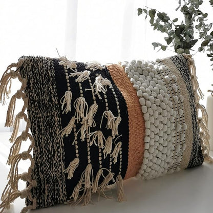 Decorative Boho-Chic Premium Pillow Cover 12x20 Handwoven Tufted Cotton Lumbar Accent Pillows, Neutral Earthly Color Throw Cushion, Farmhouse & Bohemian Home Decor (no Insert)