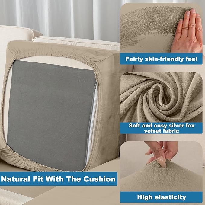 Couch Cover Stretch Velvet Sofa Cushion Cover 3-Piece - Elastic Washable Slipcover for Seat or Backrest, Couch Seat Covers for Sofas (Leather Brown)