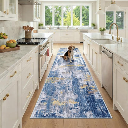 Washable Area Rugs 3x9 Non-Slip Modern Abstract Soft for Living Room Entryway Bedroom Nursery, Print Pattern, Grey Blue Gold/Golden