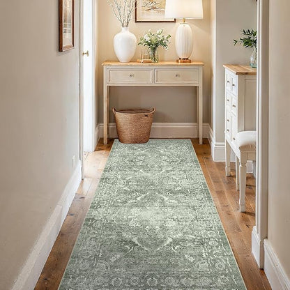 3x6 Washable Hallway Runner Rug - Non Slip Kitchen Runner Rugs with Rubber Backing Vintage Low-Pile Carpet Runners for Entryway Dining Room Laundry Room Home Decor (Muted Sage Green)
