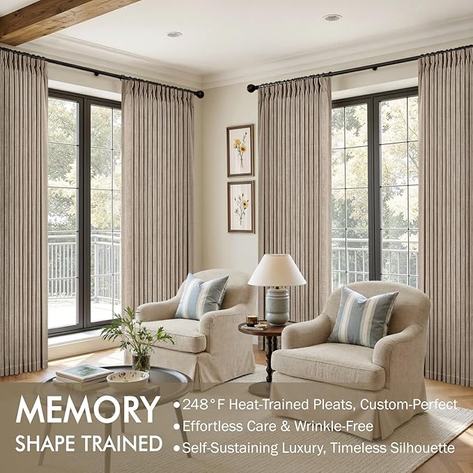MIULEE Pinch Pleated Thick Linen Curtains 102 Inches Long 2 Panels for Living Room Bedroom, Linen Textured Drapes Pleat Back Tab Memory Trained Light Filtering Boho Grey Beige Window Curtains