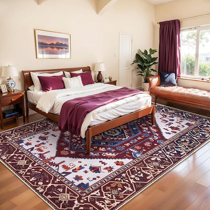 SERISSA Washable Rugs 8x10 Area Rugs, Large Non-Slip Boho Living Room Rug, Ultra Soft Oriental Vintage Burgundy Navy Print Distressed Carpet for Dining Room Bedroom Dorm Office Home Decor