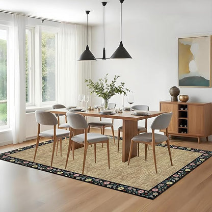 GarveeHome 4x6 Area Rugs for Bedroom Living Room Machine Washable Rugs Floral Bordered Small Carpet Non-Slip Stain Resistant Accent Carpet for Dining Room Table Apartment Office, Yellow