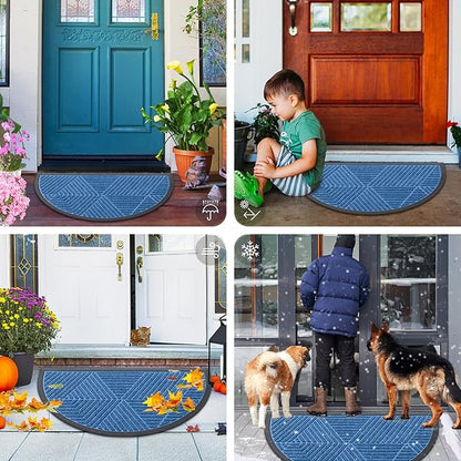Smiry Half Circle Front Door Mat Outside Entrance, Heavy Duty Sturdy Natural Rubber Doormat, Trap Dirt and Moisture, Low Profile Mats for Indoor Outdoor Entry, Irregular Triangle (35x23, Blue)