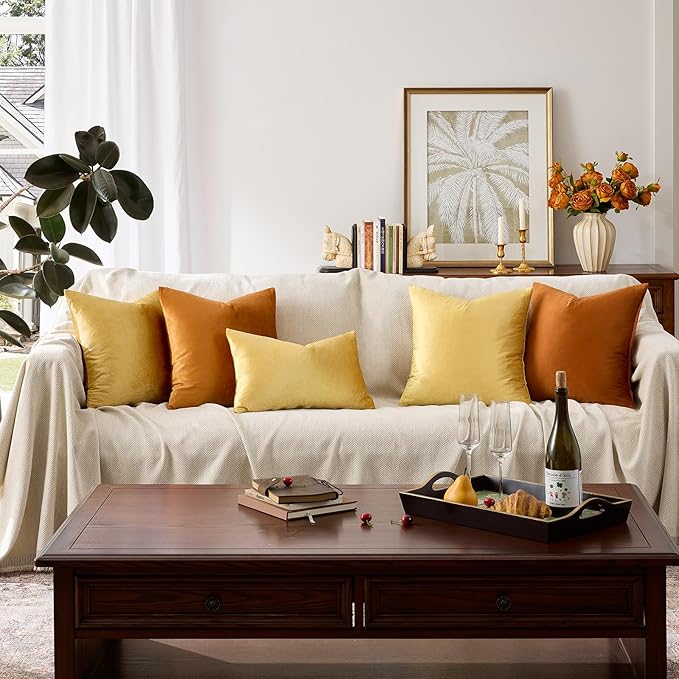 GIGIZAZA Yellow Velvet 20x12 Lumbar Decorative Throw Pillow Covers for Sofa Bed 2 Pack Soft Cushion Cover