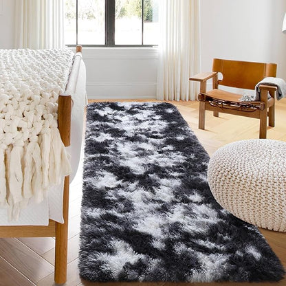 ONASAR Runner Rugs for Bedroom Living Room, Fluffy Black and White 2x6 Bedside Hallway Area Rug, Ultra Soft Plush Furry Faux Fur Non Slip Floor Carpet for Nursery Kids Dorm Closet Home Decor