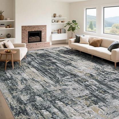 XLUEZ 9x12 Area Rug for Living Room, Washable Modern Abstract Large Area Rug Neutral Soft Non Slip Kids Rug Stain Resistant Indoor Carpet for Bedroom Dining Room Playroom Office(BlackGreyGold, 9'x12')
