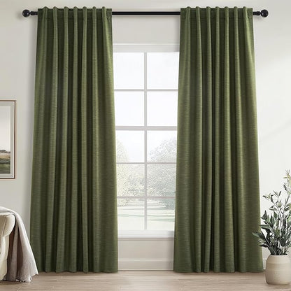 Topfinel 102 Inch Long Linen Blended Blackout Curtains 2 Panels, Back Tab Pleated Look Drapes for Track System with Hooks, Noise Reducing Country Blackout Winodw Curtains 52x102-Loden/Olive Green
