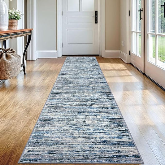 Lansny Modern Abstract Runner Rug 2x12, Grey Blue White Washable Long Kitchen Runner Non-Slip Soft Hallway Rug Runner Thin Print Faux Wool Carpet for Entryway Bedroom Laundry Room Indoor Home Decor