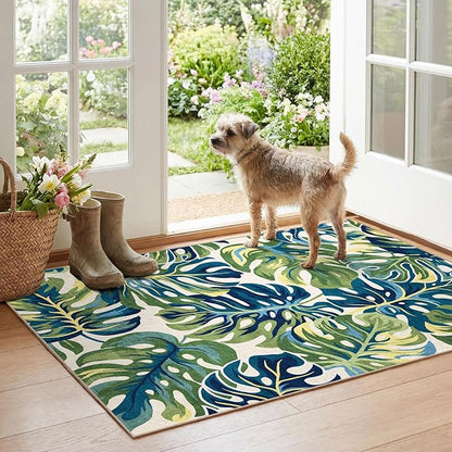 Boho Outdoor Rug - 28" x 43" Front Door Mat Indoor Outside Entrance Non-Slip Washable Outdoor Mat Tropical Green Blue Leaf Rug for Entryway Kitchen Bedroom Layered Doormat for Front Porch