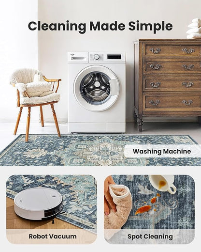 AMADA HOMEFURNISHING 9x12 Washable Area Rug, Low-Profile Large Area Rug with Non-Slip Backing & Durable Edge Binding, Vintage Large Rugs for Living Room, Bedroom & Dining Room