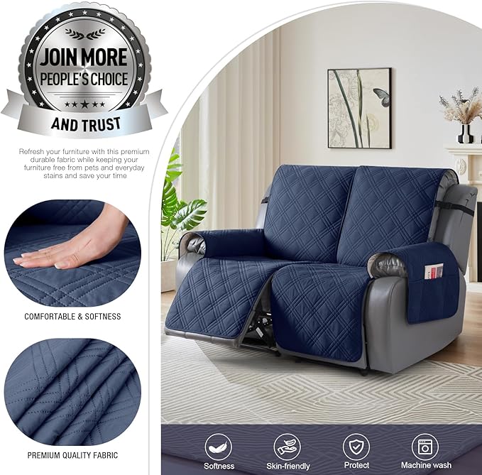 TAOCOCO 100% Waterproof Oversized Loveseat Recliner Cover, Non Slip Split Couch Covers for Reclining Loveseat with Elastic Straps for Kids Pets(Oversized 2 Seater, Navy Blue)