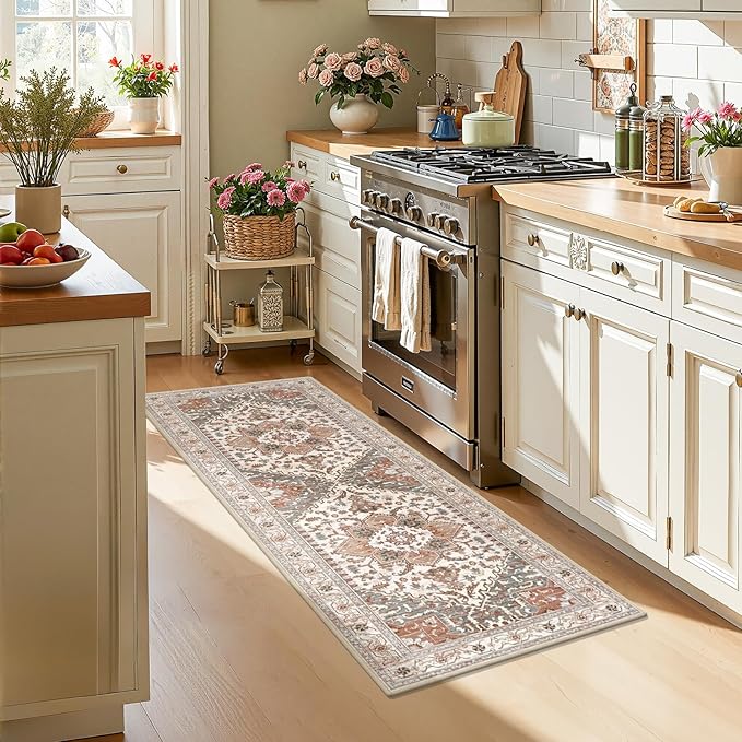 Yamaziot Washable Runner Rug, 2x6 Non-Slip Boho Vintage Hallway Rug Runner with Rubber Backing, Low Pile Faux Wool Distressed Carpet Runner for Bedroom, Kitchen, Laundry, Entrance, Ginger Grey