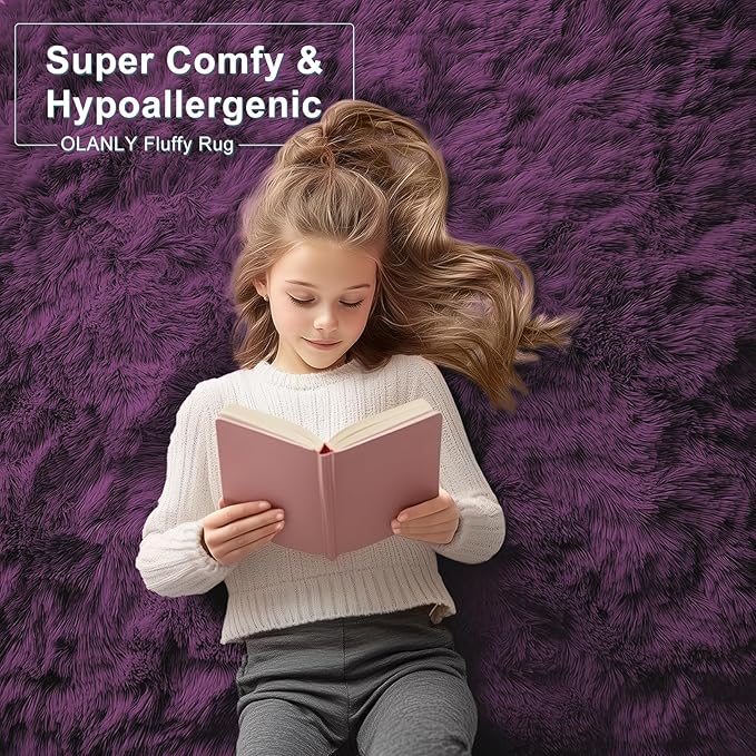 OLANLY 5x8 Machine Washable Large Area Rugs for Living Room, Bedroom, Soft Fluffy Shaggy Bedside Rug, Indoor Floor Carpet for Kids Girls and Boys, Dorms, Nursery, Home Decor Aesthetic, Dark Purple