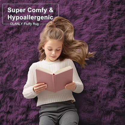 OLANLY 5x7 Machine Washable Large Area Rugs for Living Room, Bedroom, Soft Fluffy Shaggy Bedside Rug, Indoor Floor Carpet for Kids Girls and Boys, Dorms, Nursery, Home Decor Aesthetic, Dark Purple