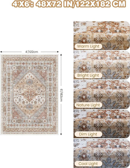 4x6 Area Rugs for Living Room, Non-Slip Backing Small Kids Rugs for Bedroom, Vintage Floral Rug Home Decor, Low Pile Soft Washable Rug for Kitchen, Dining Room (Orange,4'x6')