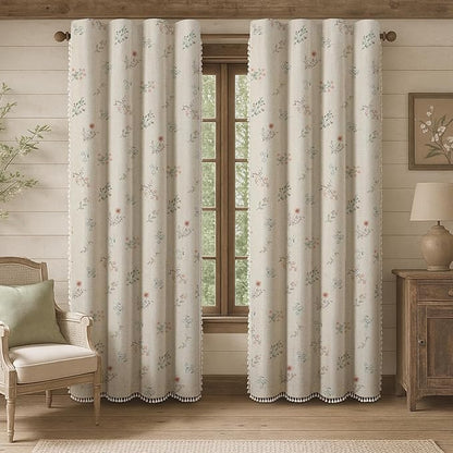 Boho Floral Spring 100% Blackout Curtains 84 Inch Length 2 Panels Set, Linen Texture Farmhouse Curtains Beige Tassel for Living Room Bedroom Vintage Rustic Patterned Printed Western Rod Pocket