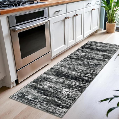 KOZYFLY Modern Abstract Kitchen Runner Rug, 2x6 Washable Rug Runner Non-Slip Soft Striped Hallway Runner Rugs, Black Grey Print Carpet Runner for Entryway Bathroom Laundry Room Foyer