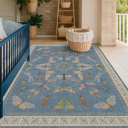 Blue Washable Kids Playroom Rug - 5x7 Area Rugs for Nursery Baby Boy, Bedroom, Living Room, Toddler Boy Room Decor, Cute Animals Print Carpet, Super Soft Non Slip Stain Resistant