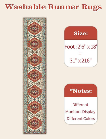 SERISSA Runner Rug for Hallways, 2'6"x18' Washable Non Slip Kitchen Runner Rug, Extra Long Boho Rug Ultra Soft Vintage Orange Print Floor Carpet for Hallway Living Room Dining Room Bedroom