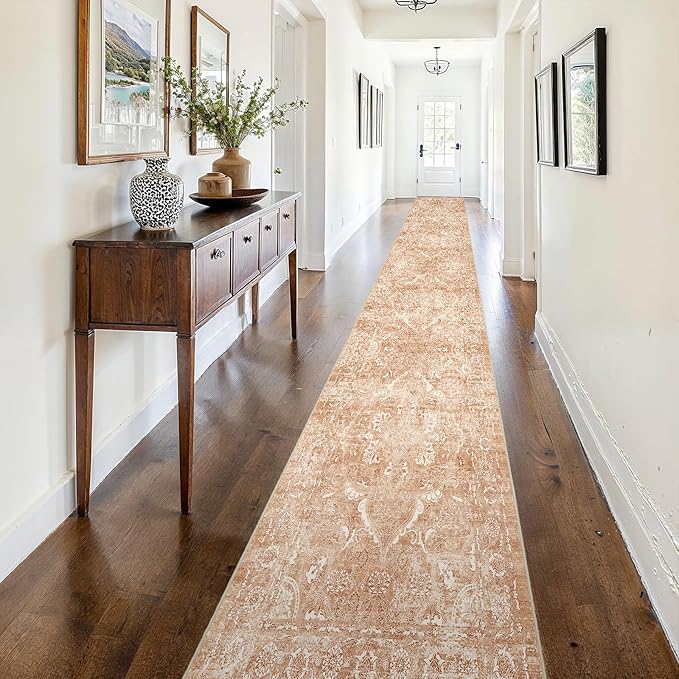 2'6"x16' Washable Hallway Runner Rug - Non Slip Kitchen Runner Rugs with Rubber Backing Vintage Low-Pile Carpet Runners for Entryway Dining Room Laundry Room Home Decor (Brick)