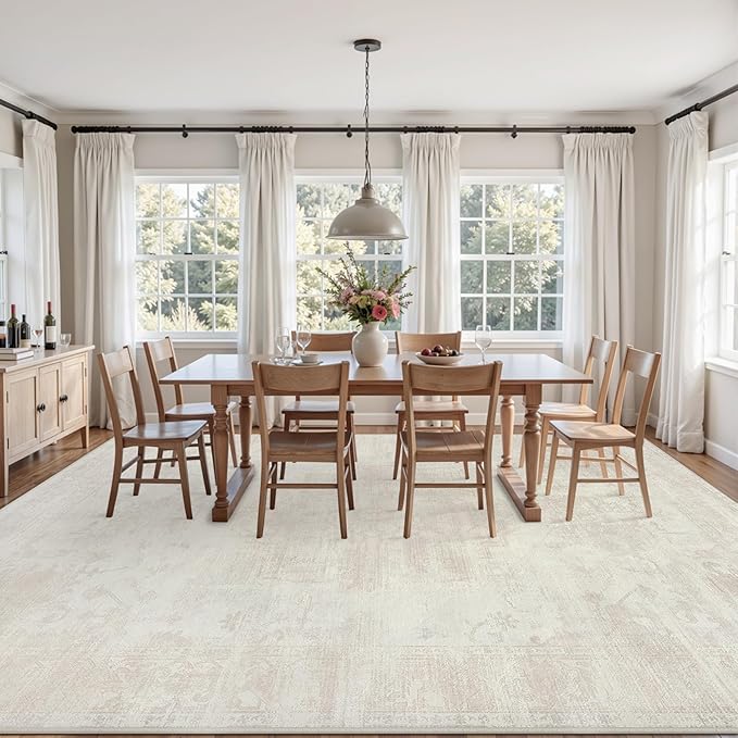 8x10 Area Rugs for Living Room: Vintage Boho Neutral Washable Rug Indoor Soft Large Area Rug Carpet for Bedroom Nursery Farmhouse Dining Room Office Floor Non-Slip Low Pile Under Table Rug Cream Beige