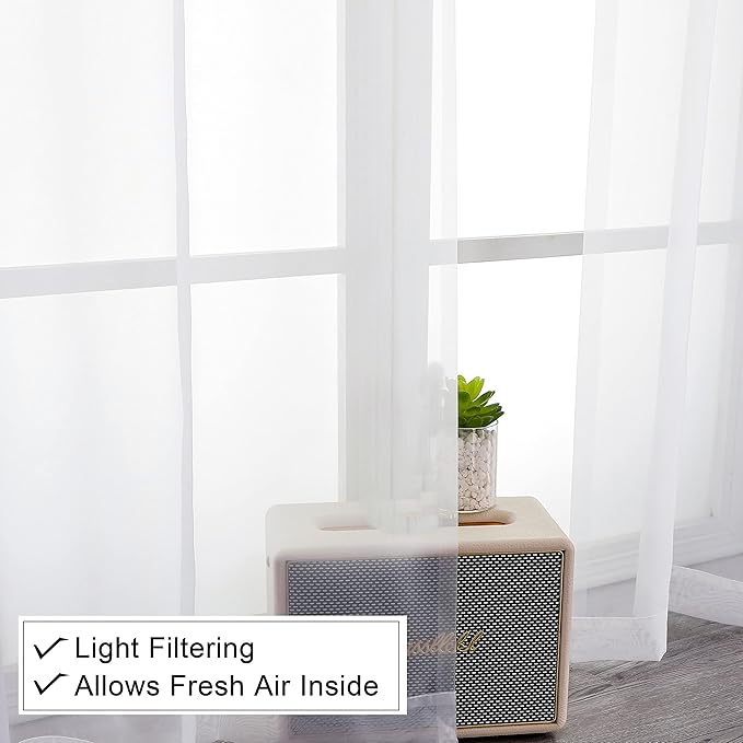Lecloud Short Sheer Curtains 54 Inches Length 2 Panels, Light Filtering Voile Curtain Drapes for Half Window Kitchen Bedroom, Basic Rod Pocket Living Room Sheer Curtains, 40 W x 54 L Inches, White