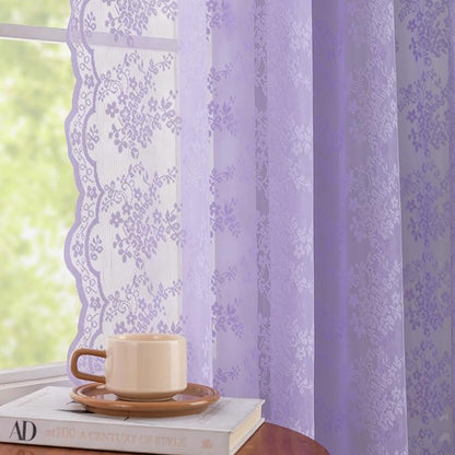 YJ YANJUN Vintage Lace Curtains 63 Inch Length-Victorian Floral Pattern Lavender Sheer Curtain Panels for Living Room Bedroom,Light Filtering, Romantic Girly Drapes 2 Panels 52W x 63L Light Purpel