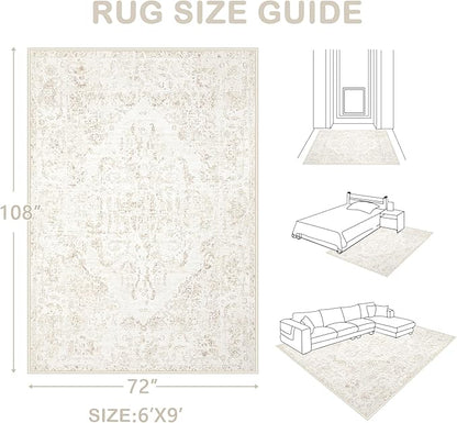 6x9 Area Rugs for Living Room: Washable Rug Vintage Large Rugs Soft Non Slip Low Pile Rug Floral Distressed Floor Carpet for Bedroom Kitchen Nursery Dining Room Home Office (Beige, 6'x9')