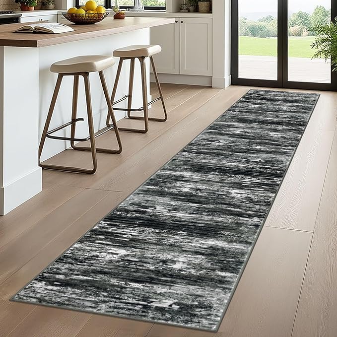 KOZYFLY Modern Abstract Hallway Runner, 2x10 Washable Rug Runner Non-Slip Soft Striped Kitchen Runner Rug, Black Grey Print Carpet for Entryway Bathroom Laundry Room Foyer