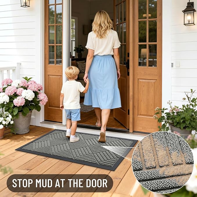 OLANLY Front Door Mat Outside Entrance 35x23, Absorbent, Heavy Duty Sturdy Natural Rubber Doormat Indoor Outdoor, Stain Fade Resistant, Non-Slip Low Profile Floor Mat for Entryway, Modern Gray Diamond
