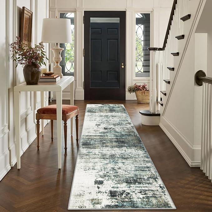 2'6''x8' Runner Rugs Washable Rug: Modern Abstract Hallway Runner Rug Indoor Soft Low Pile Thin Carpet Anti-Skid Non-Shedding Carpets for Kitchen, Entryway, Laundry, Bedroom - Green Multi