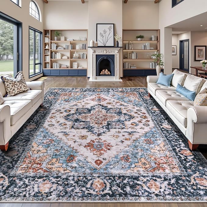 SERISSA Washable Rugs 9x12 Area Rugs, Large Non-Slip Blue Orange Living Room Rug, Ultra Soft Boho Vintage Print Distressed Oriental Farmhouse Carpet for Dining Room Bedroom Dorm Office Home Decor