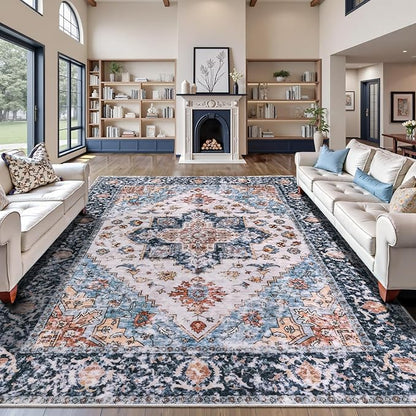 SERISSA Washable Rugs 9x12 Area Rugs, Large Non-Slip Blue Orange Living Room Rug, Ultra Soft Boho Vintage Print Distressed Oriental Farmhouse Carpet for Dining Room Bedroom Dorm Office Home Decor