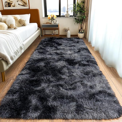 Pionblank Fluffy Runner Rugs for Bedroom 2x6, Modern Shaggy Area Rug for Hallway Living Room, Plush Soft Fuzzy Bedside Carpet for Kids Girls Boys Room Nursery Decor, Dark Grey