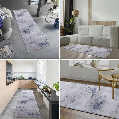 Toneed 2x6 Runner Rug Modern Abstract Hallway Rug Washable Non Slip Rubber Rugs for Kitchen Stairs Entryway Bedroom Living Room Printed Low Pile Foldable Accent Rugs Blue/White