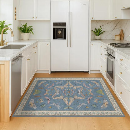 Hazo Haus Washable Blue Rugs for Bedroom Bedside - 3x4 Area Rug for Large Kitchen, Entrance Indoor, Boho Insect Print Bug Décor, Non Slip Low Pile Fade Resistant