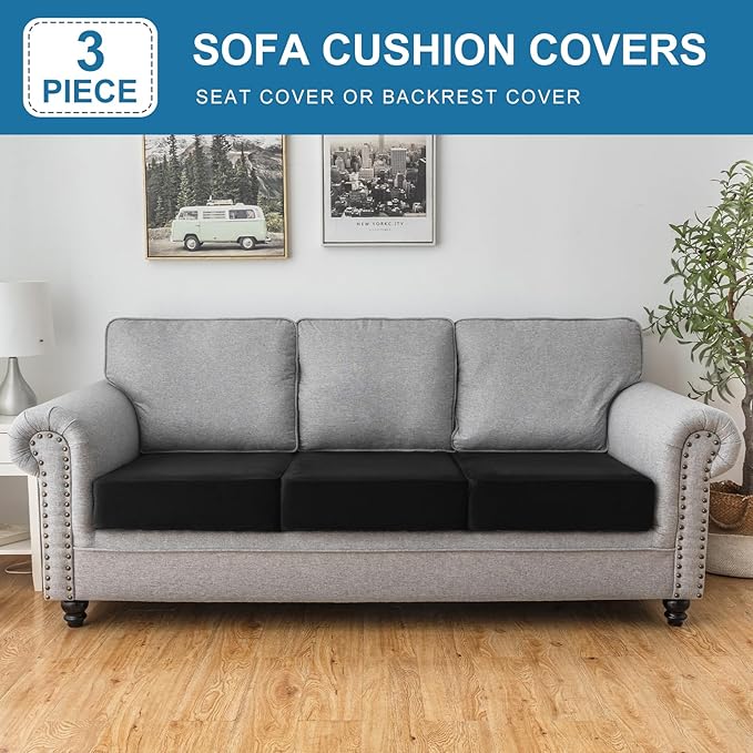 Couch Cover Stretch Velvet Sofa Cushion Cover 3-Piece - Elastic Washable Slipcover for Seat or Backrest, Couch Seat Covers for Sofas (Black)