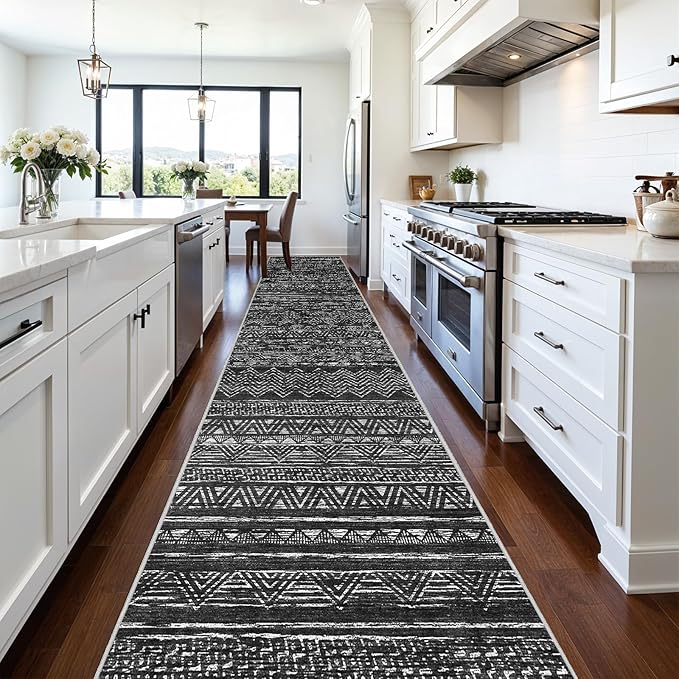 Ksrau 3x20 Runner Rug Washable - Extra Long Non-Slip Modern Runners for Hallway Soft Moroccan Low Pile Indoor Floor Mat for Living Room Kitchen Waterproof Geometric Runner Rugs Entryway 3x20 Black