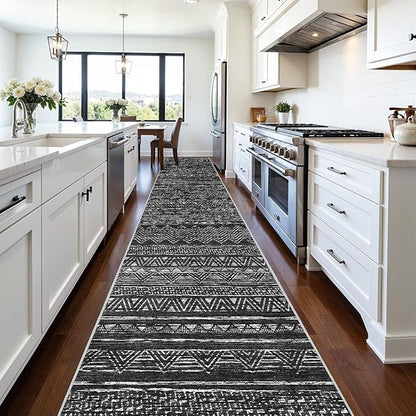 Ksrau 3x20 Runner Rug Washable - Extra Long Non-Slip Modern Runners for Hallway Soft Moroccan Low Pile Indoor Floor Mat for Living Room Kitchen Waterproof Geometric Runner Rugs Entryway 3x20 Black