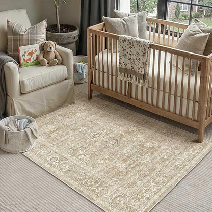 4x6 Washable Area Rug for Living Room Bedroom Vintage Beige Soft Low Pile Carpet Traditional Retro Non Slip Throw Rug for Dining Room Entryway Indoor Dorm Kitchen