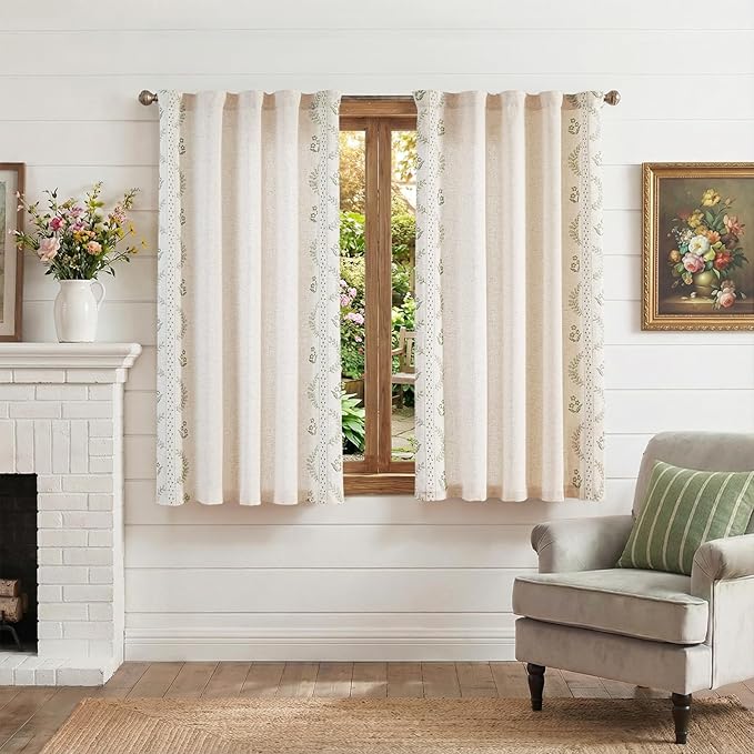 jinchan Belrose Linen Floral Cafe Curtains 45 Inch Length Embroidered Farmhouse Curtains for Kitchen Bedroom Bathroom Small Windows Curtain Set Light Filtering 2 Panels Sage Green