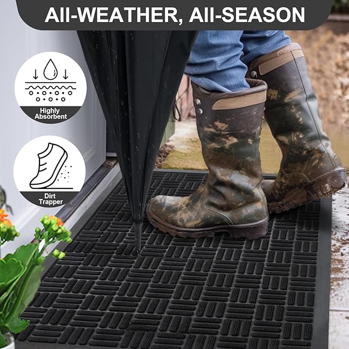 Mibao Front Door Mat, Heavy Duty Durable Welcome Mat for Outdoor Indoor, Dirt Trapper Waterproof Super Absorbent Door Mat for Entryway Outside Patio Porch, 47" x 24", Black