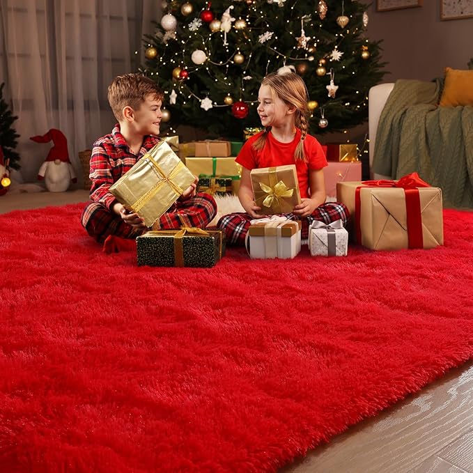Amearea Premium Soft Area Rug 4x5.3 Feet, Modern Fluffy Rugs for Living Room, Shag Carpet for Bedroom Nursery Playroom Teen Home Decor, Comfortable Indoor Furry Dorm Carpets, Red