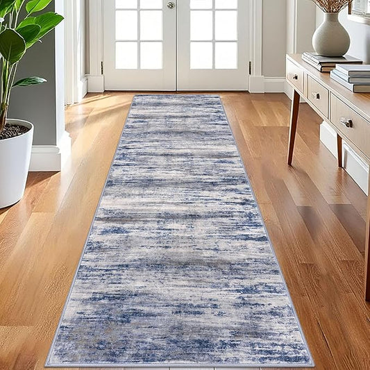 KOZYFLY 3x8 Ft Rug Modern Ombre Runner Rug for Hallway, Washable Kitchen Rugs Non-Slip Soft Striped Entryway Rug, Print Grey-Blue Abstract Carpet for Laundry Nursery