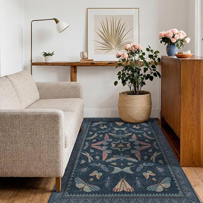 Blue Rugs for Bedroom - 4x6 Washable Area Rug for Large Entryway, Living Room, Kitchen Floor, Dark Whimsical Home Décor, Vintage Low Pile & Soft Non Slip Carpet